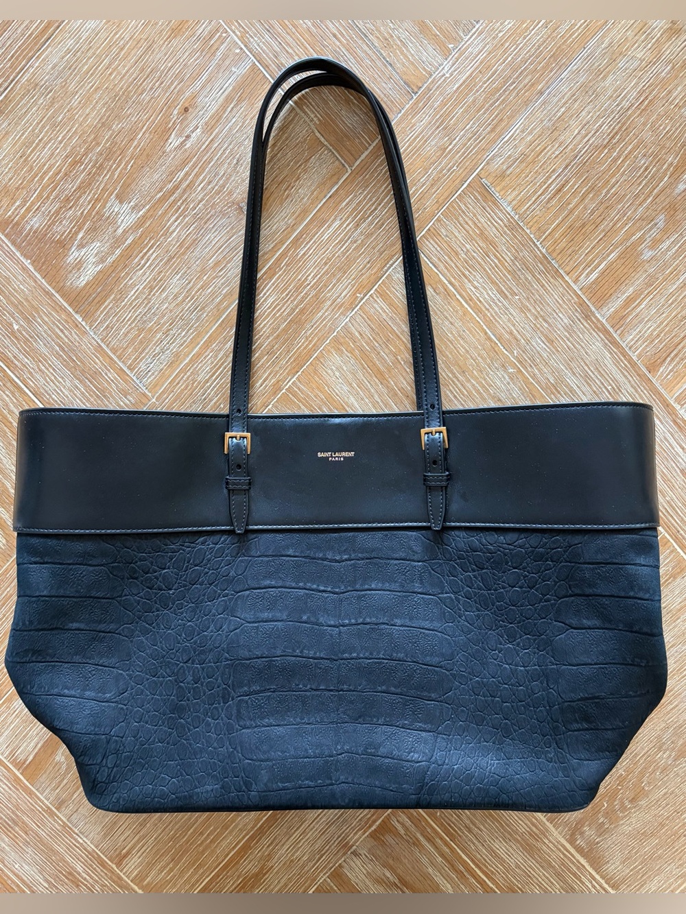 Saint Lauren Medium Croc Leather Suede Tote Bag